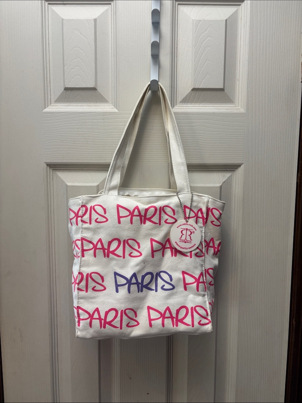 Robin Ruth White Canvas Tote with Pink & Purple Paris Print
